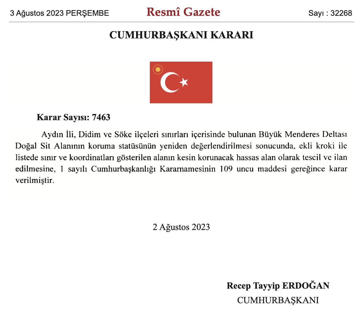 2/8/2023 Tarihli ve 7643 Sayılı Cumhurbaşkanı Kararı