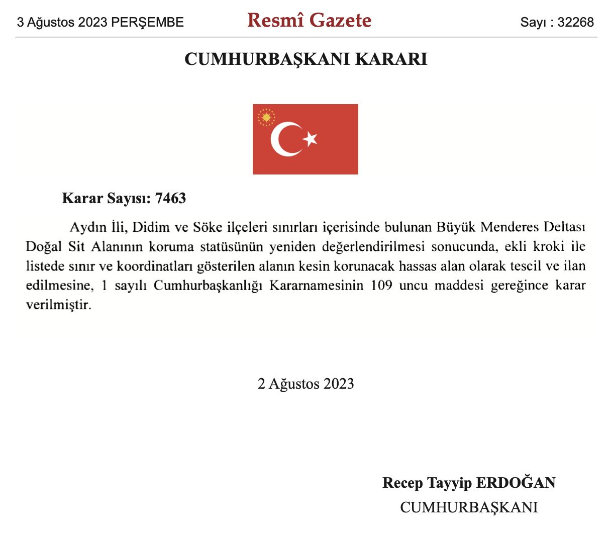 2/8/2023 Tarihli ve 7643 Sayılı Cumhurbaşkanı Kararı